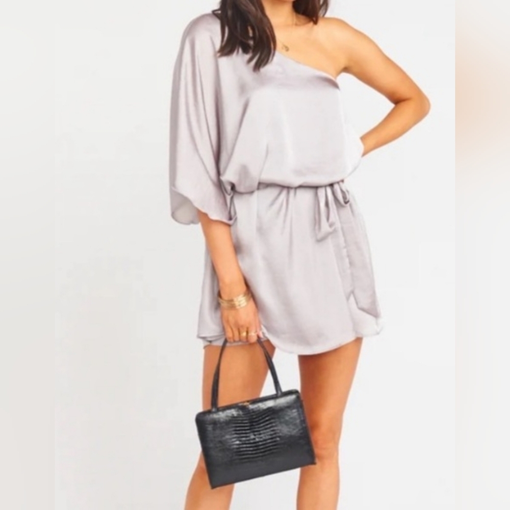 Show Me Your Mumu Elegant One-Shoulder Satin Belted Gray Dress